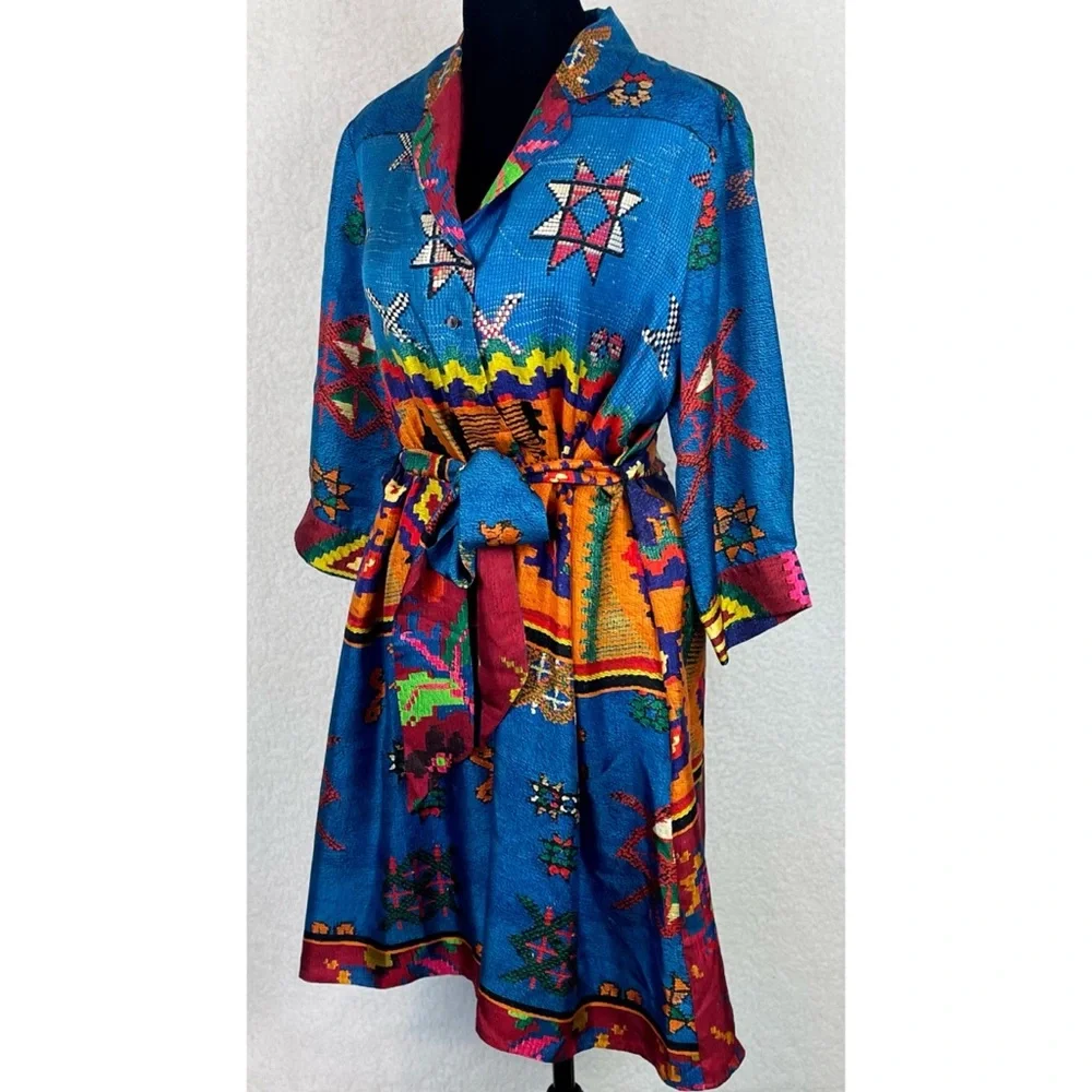 PIERRE-LOUIS MASCIA • Blue/Multi Ethnic 100% Silk Mini Dress, M - Picture 9 of 16